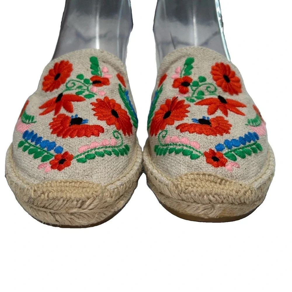 Soludos Ibiza Embroidered Mule Womens Size 8.5 Espadrille Flats Floral Tan Boho